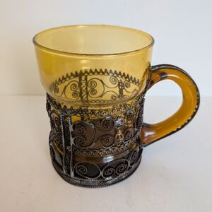Vintage Cased Amber Glass Mug Cup with Metal Filigree Casing Russian?